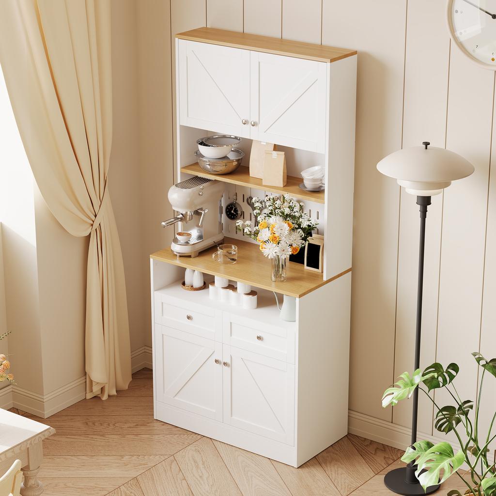 Stylish White Dining Room Sideboard with 2 Drawers and 4 Doors – Elegant Buffet for Kitchen, Living Room with Silver Handles and Storage Space