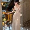 Sexy Collar Suspender Dress Women's Summer Waist Temperament Sequined Skirt High-end Evening Dress Mopping Dress
