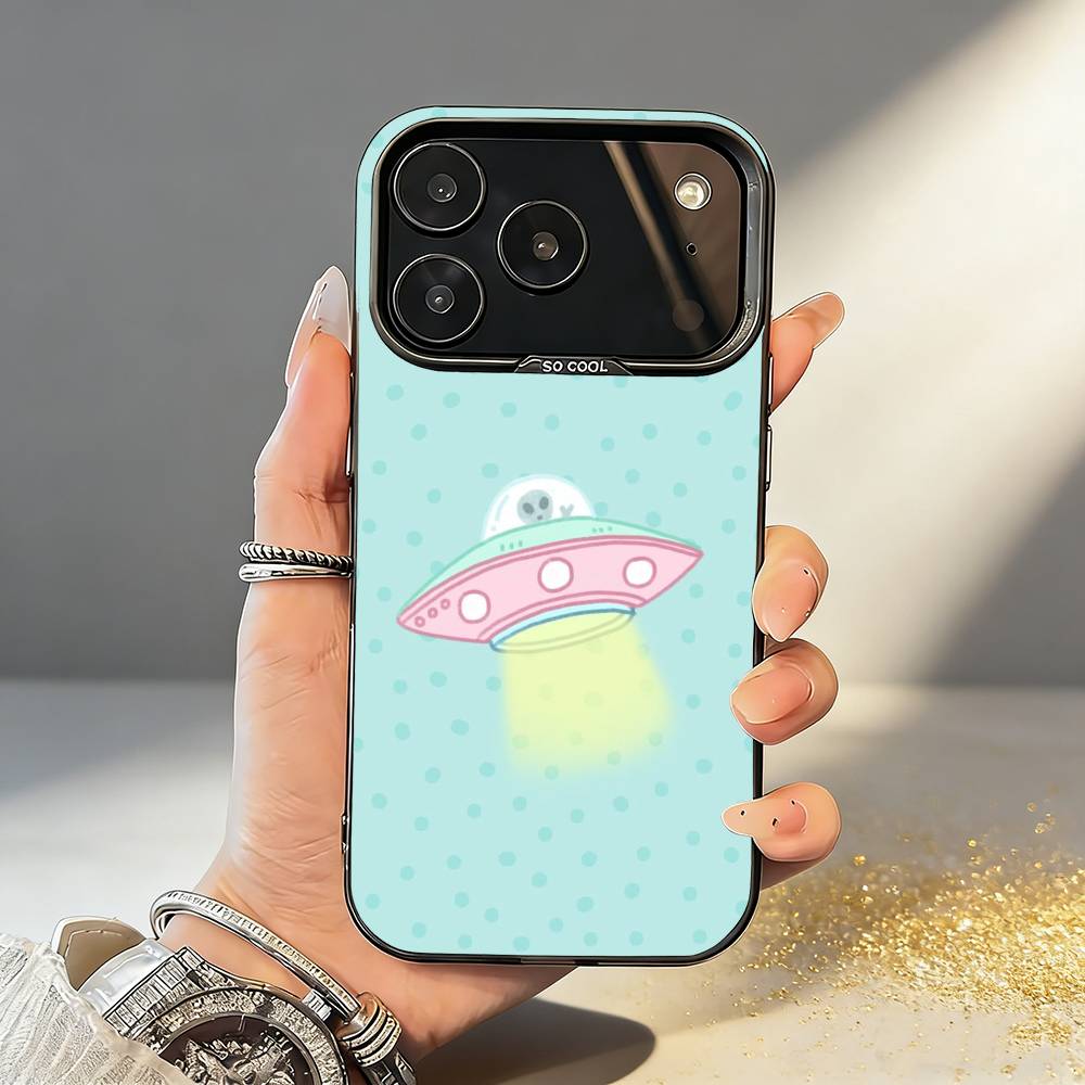Мультяшный S-Космос A-Инопланетянин НЛО Чехол для телефона Для iPhone17,16,15,14,13,12,11,Pro,MAX Серый Матовый Силиконовый Черный Чехол