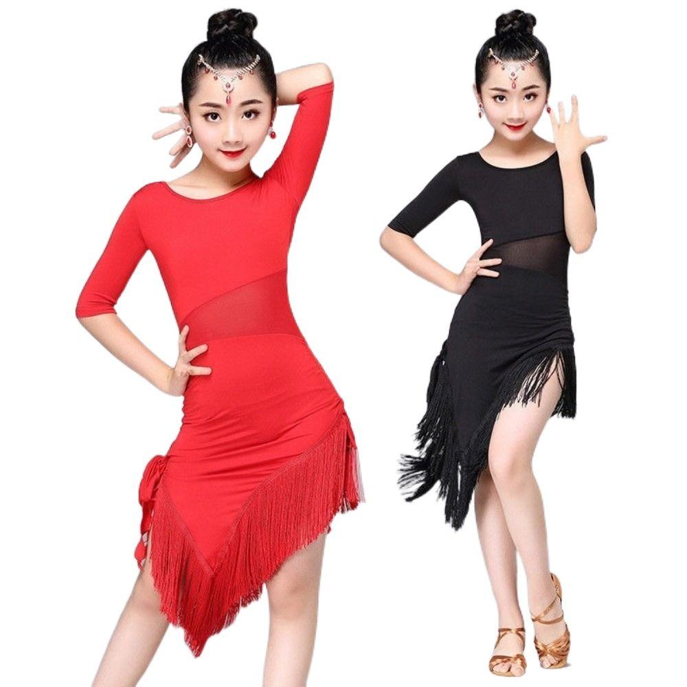 Cha Cha Kids Latin Dance Dress Black Red Samba Stage Outfits Performance Clothes  Child Girls