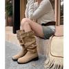 New Versatile Leather Knight Boots Large Size Women's Boots Sleeve Middle Heel Autumn and Winter Round Head Large Tube Circumference Thick Leg Hig