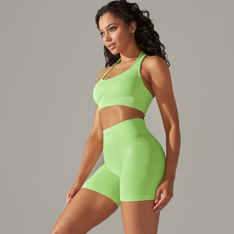 Nessaj Seamless Yoga Set Women Fitness Outfits Peach Hip Shorts Suit Shockproof Sports Bra Gym Running Suits