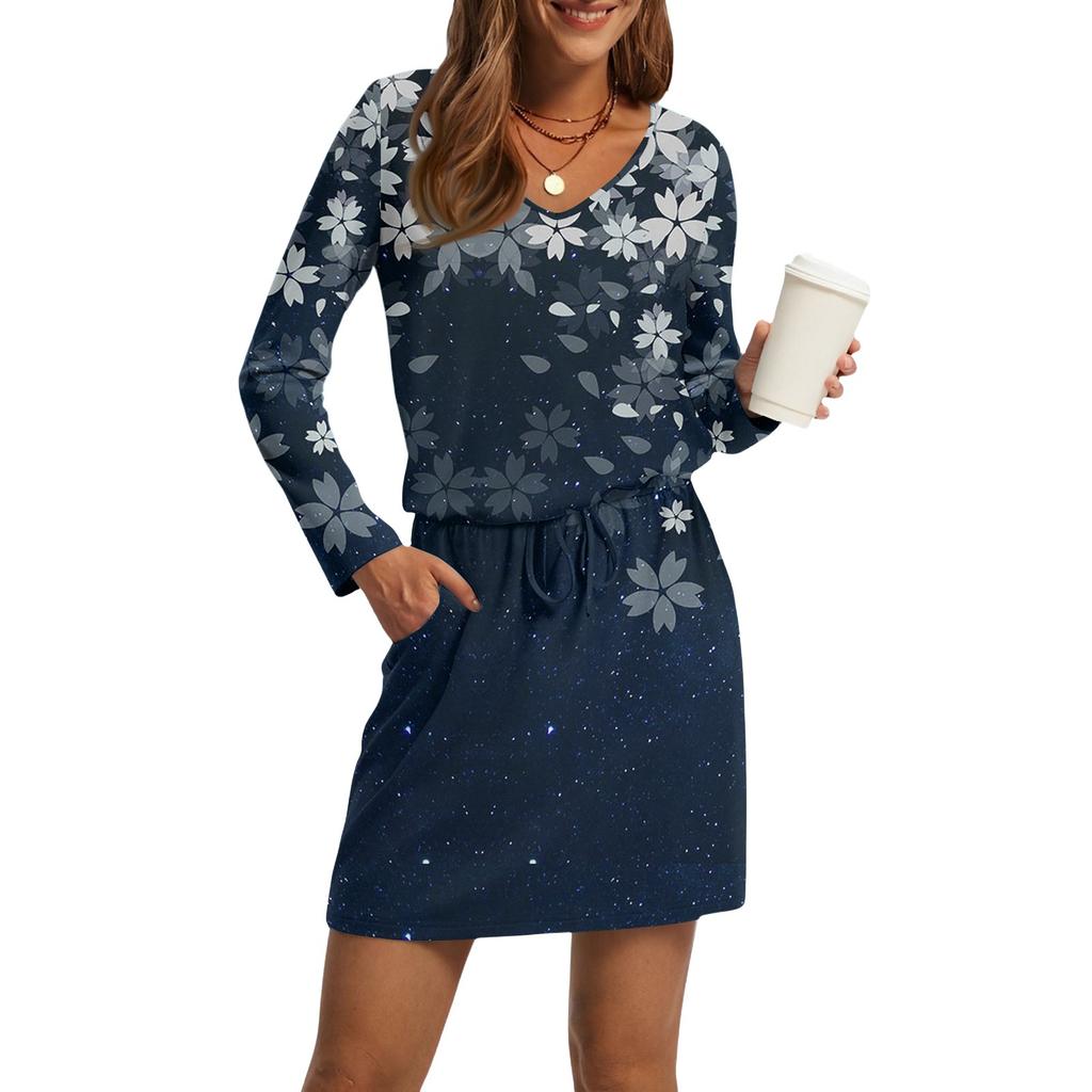 Women's Fashion V-Neck Long Sleeve Drawstring With Pocket Floral Print Casual Dresses