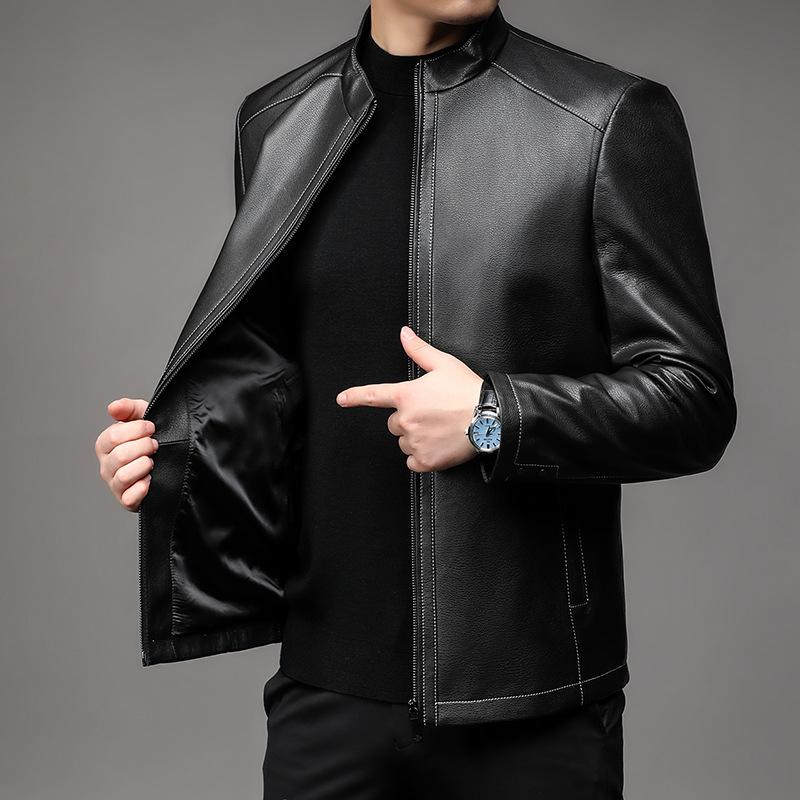 Весенняя и осенняя тонкая куртка из натуральной кожи, мужская тонкая короткая кожаная куртка с воротником-стойкой, мужская куртка из натуральной кожи для людей среднего возраста