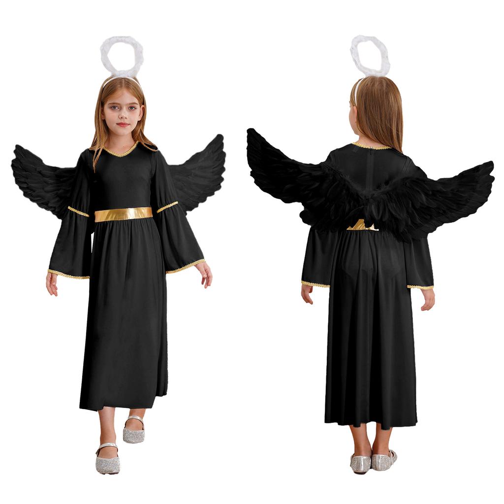 Детский костюм ангела для девочек, бальное платье макси с рукавами-колокольчиками, платье ангела с повязкой на голову в виде крыльев