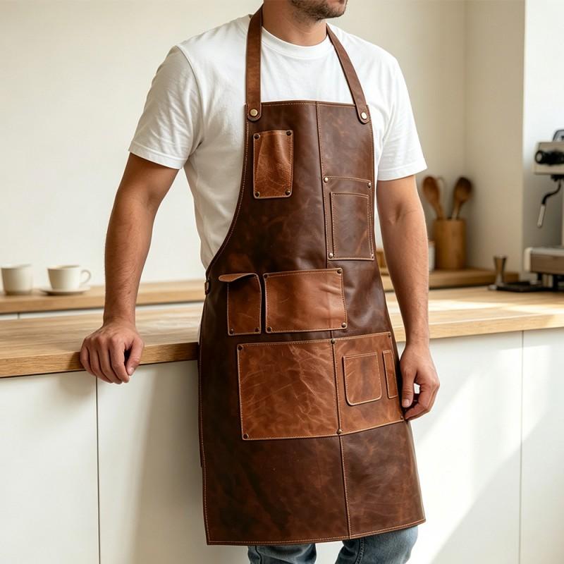 Waterproof PU Leather Apron With Multiple Pockets Barbecue Grill Cooking Bartending Workwear Unisex
