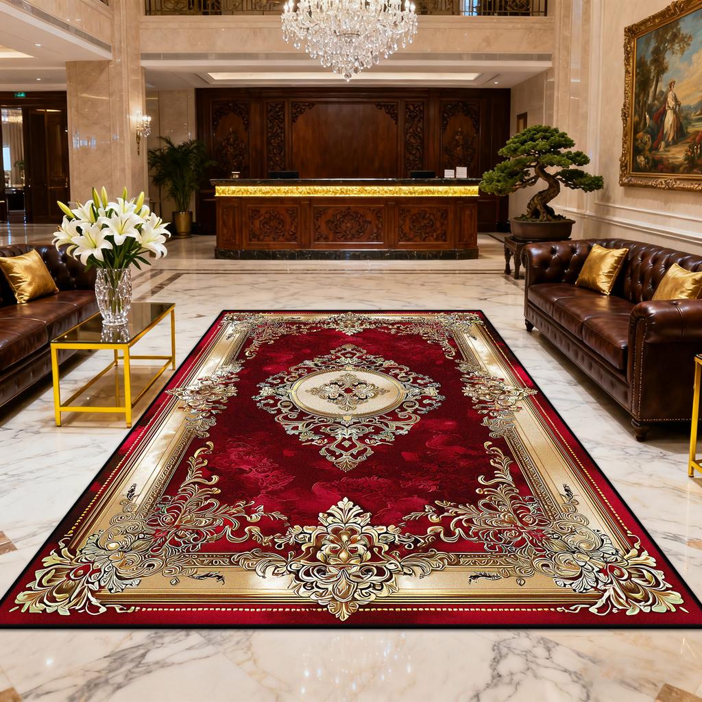 European Luxury Red Gold Easy Clean Carpet for Living Room Decoration Bedroom Bedside Fluffy Rug Large Area Non-slip Floor Mats
