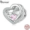 BAMOER 925 Sterling Silver Pink CZ Geometric Hollow Heart To Heart Bead for Women Original Bracelet and Bangle Jewelry