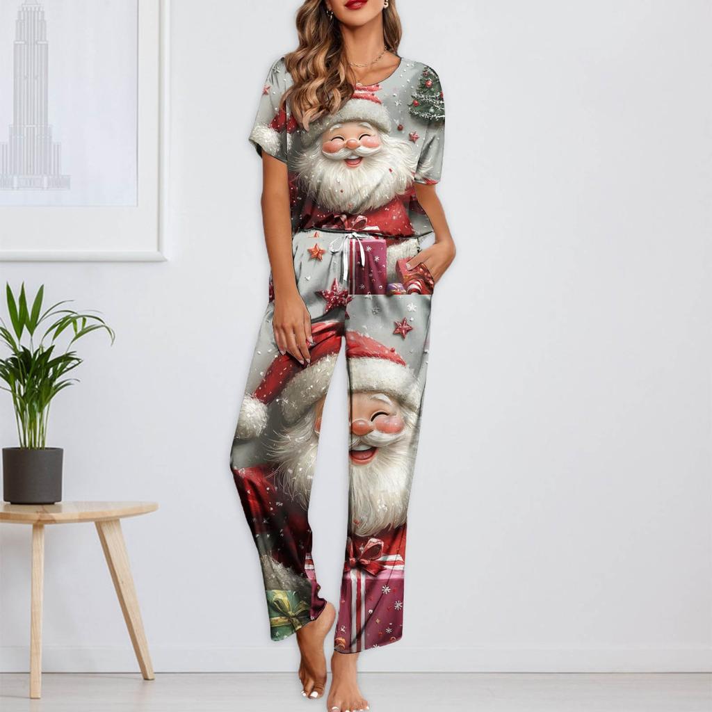 Женский шелковый атласный пижамный комплект с рождественским принтом, рубашка с коротким рукавом и длинные пижамные штаны, мягкая домашняя одежда