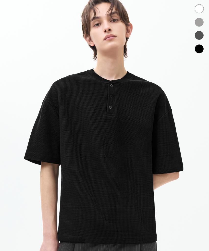 TRILLION Waffle Ring Snap Henley Neck Half Sleeve_4Color