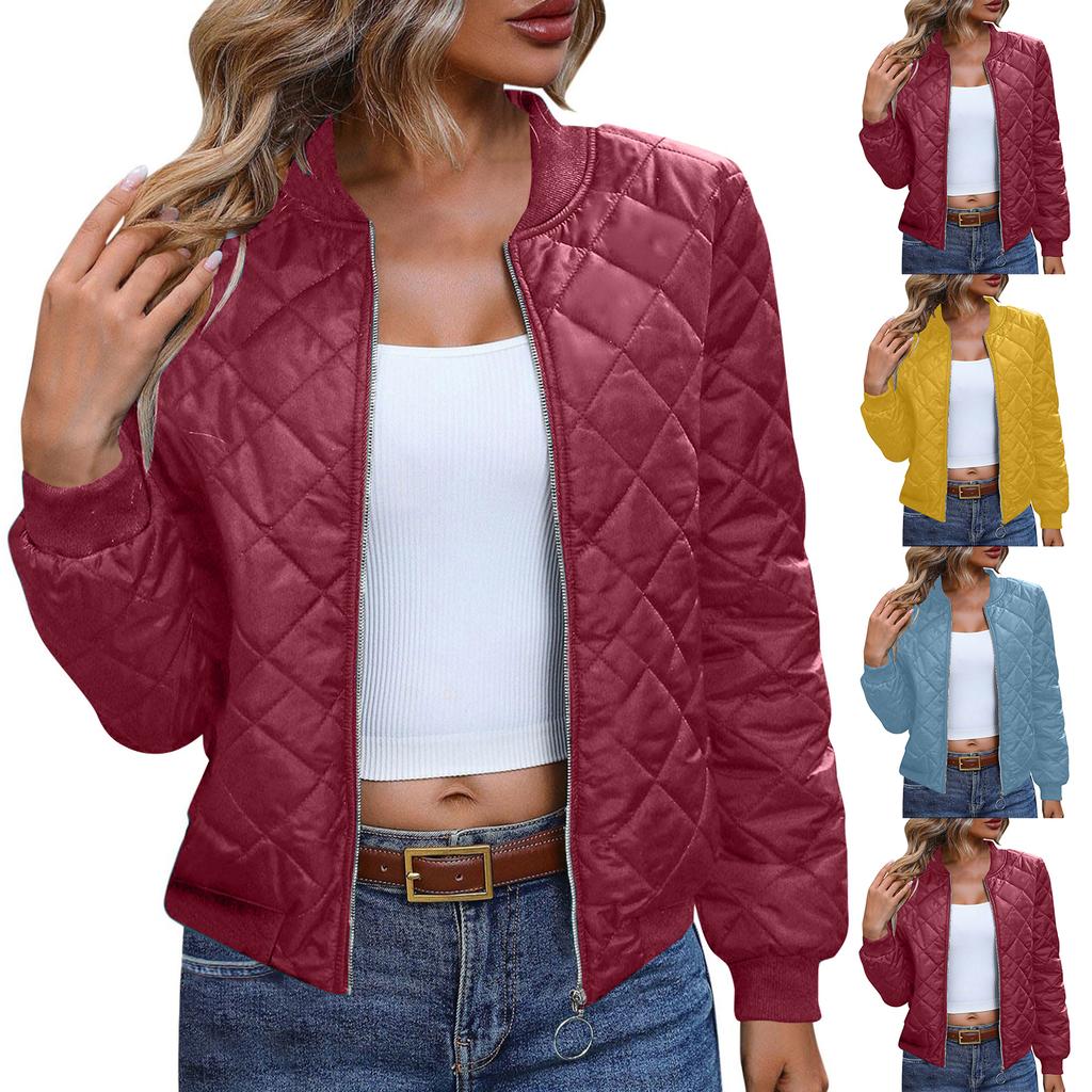 Ladies Zipper Long Sleeve Stand Collar Check Slim Baseball Padded Top Blouse Jacket Coat