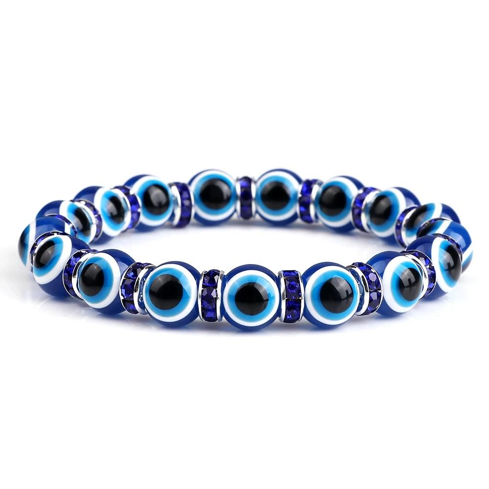 10mm Lucky Blue Evil Eye Bracelet Palm Butterfly Owl Elephant Pendant Charm Crystal Resin Beaded Bracelets for Women Men Jewelry