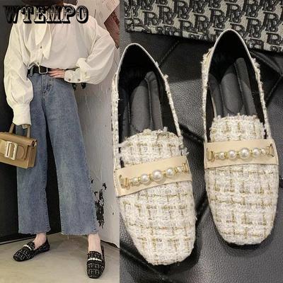 Женские весенние и летние туфли на плоской подошве с квадратной головкой, корейская версия, универсальные тканевые туфли на плоской подошве с декоративными бусинами на мелком каблуке