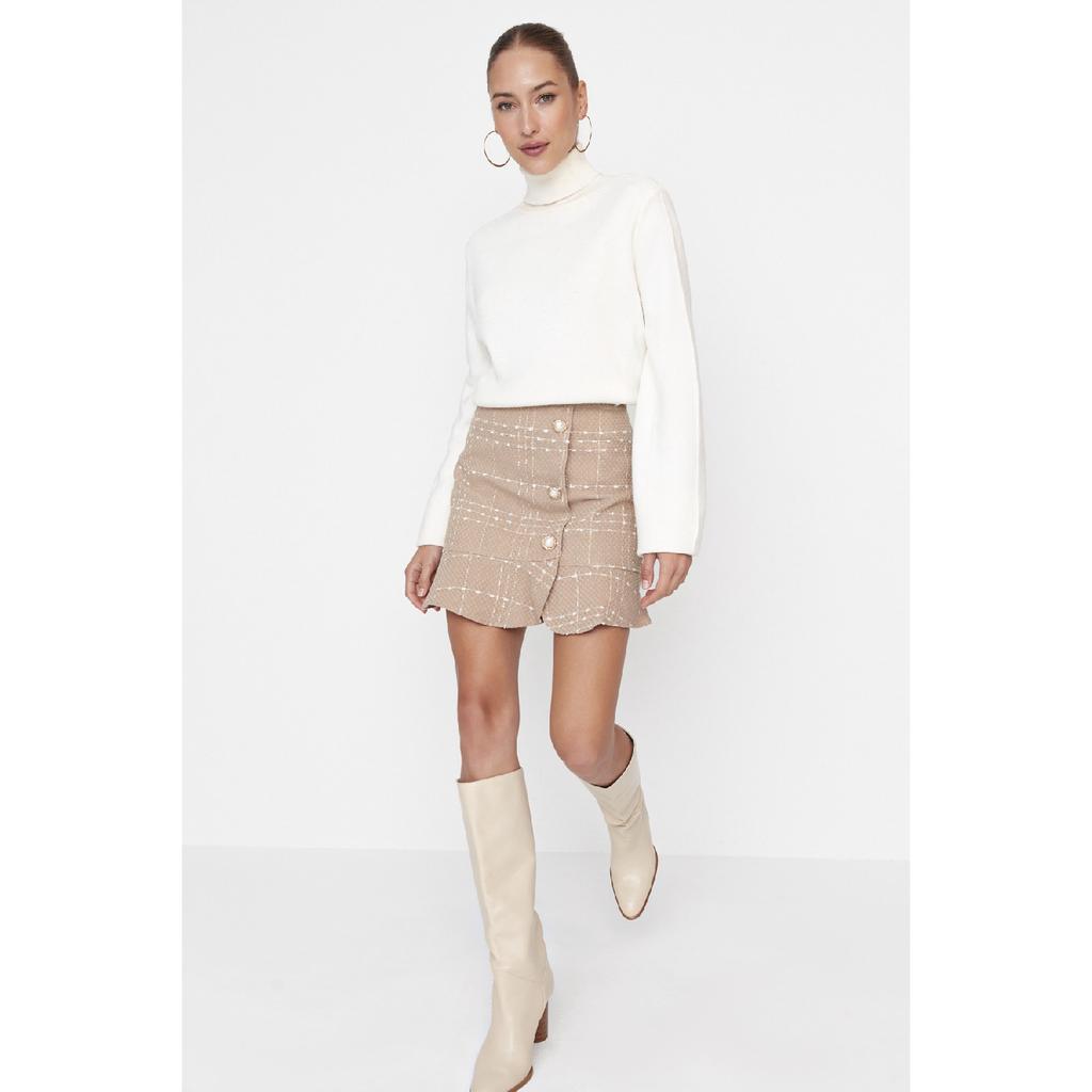 Burgundy Buttoned Tweed Fabric Mini Woven Skirt With Flounce Hem Twoaw22et0155