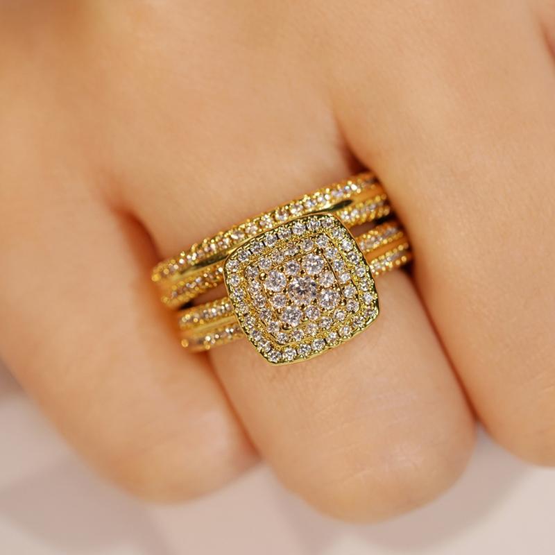 2 шт./набор Модные свадебные кольца для женщин Роскошный золотой цвет Ослепительные цирконии Ювелирные украшения для пальцев Модные аксессуары для помолвки