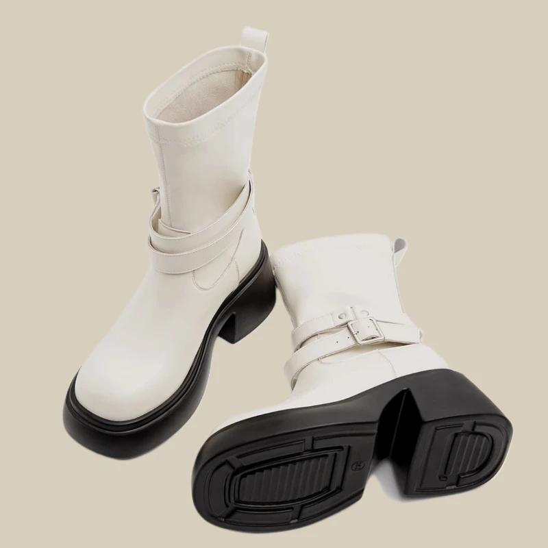 Платформа Женские Ботинки Челси До Середины Икры Новые Зимние Туфли На Среднем Каблуке Массивные Мотоциклетные Ботинки Вечеринка Готика Снежные Туфли-лодочки Mujer Botas