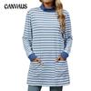 Autumn and Winter Women's Top Plus Size Stripe Color Collision Loose Pocket High Neck Long Sleeve Sweatshirt