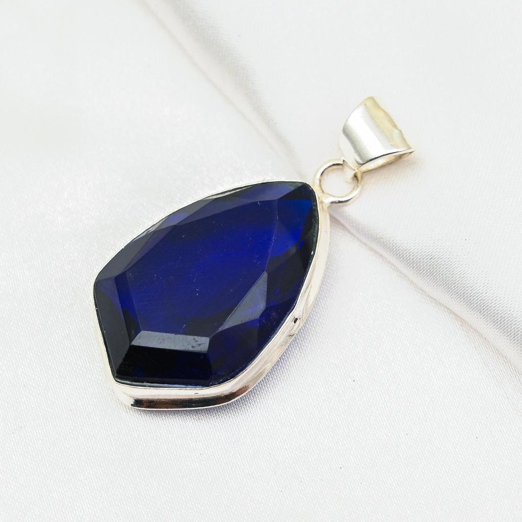 Blue Sapphire Pendant, Handmade Gemstone Pendant, 925 Solid Sterling Silver Pendant Antique Jewelry, For Engagement Gift