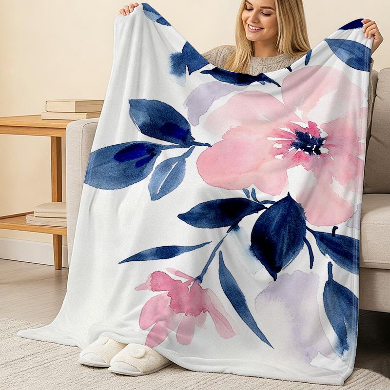 Skin-friendly Soft Flannel Throw Blanket Watercolor Floral Design, Cozy Warm Decor for Home, Dorm, Christmas & Halloween