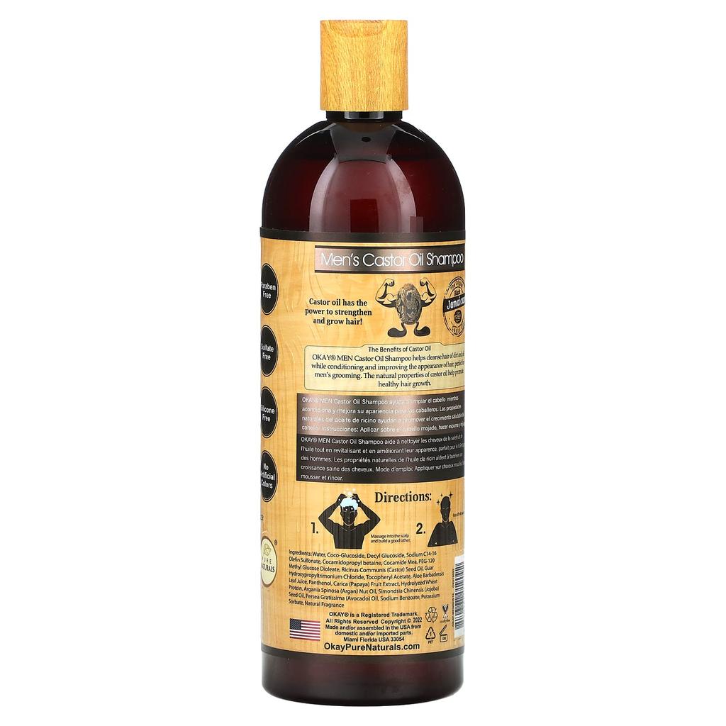 Okay Pure Naturals Мужской шампунь, для волос и бороды, со 100% натуральным касторовым маслом, 16 унций (473 мл)