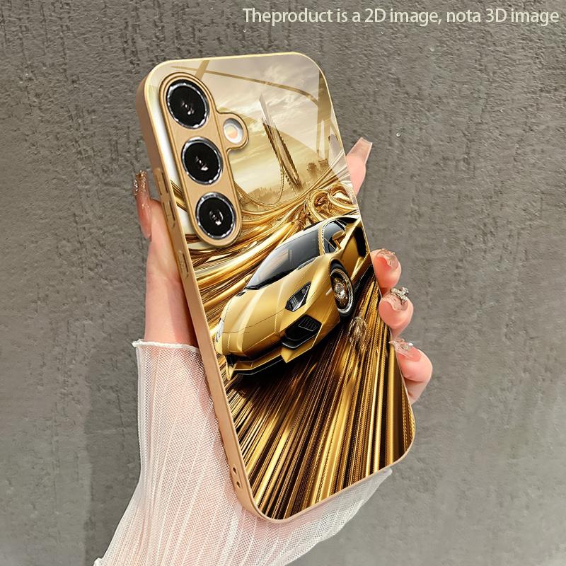 Золотой чехол для телефона с 2D рисунком в стиле автогонок для Samsung S26 S25 S24 S23 S22 S21 S20 A56 A36 A16 - Золотая стеклянная защитная крышка