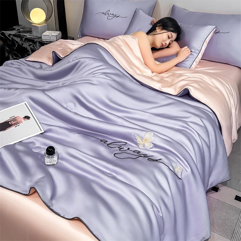 Летний комплект одеял из ледяного шелка класса А - Охлаждающий, Можно стирать в воде, С вышивкой, Подходит для кондиционирования, Тонкое одеяло для сна без одежды