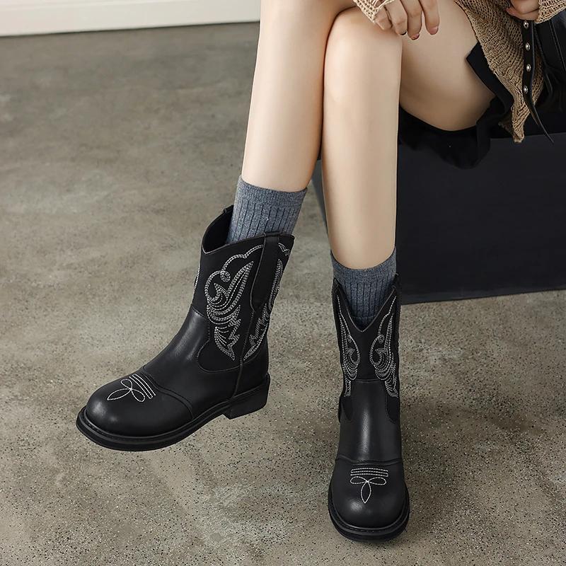 Модные осенние новые коричневые ботильоны женские туфли с круглым носком до середины голени современные ботинки хит продаж кожаные женские ботинки с принтом на молнии сзади