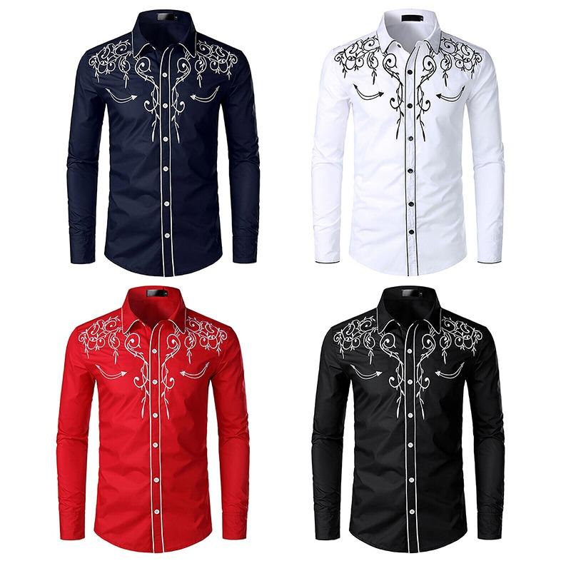 Mens Western Cowboy Shirt Long Sleeve Retro Embroidery Casual Buttons Down Shirt