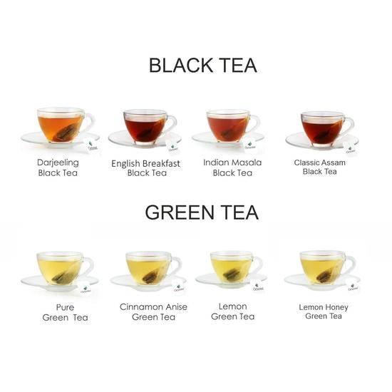 Octavius Assortment of Fine Black & Green Teas- 60 Enveloped Teabags In Tile Motif Wooden Gift Box | Gifts for Men & Women