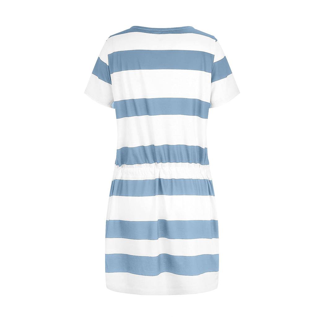 YYFS Women's Fashion Summer Spring Colour Block Print Short Sleeve V-Neck High Waist Casual Dresses