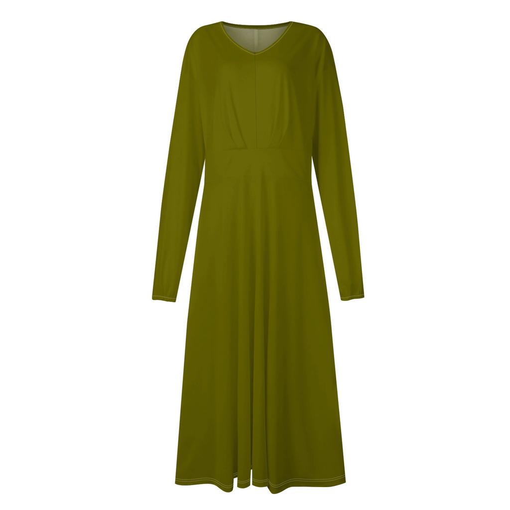 Women's  And Winter Casual Fashion V-neck Long Sleeve Solid Color Long Dress