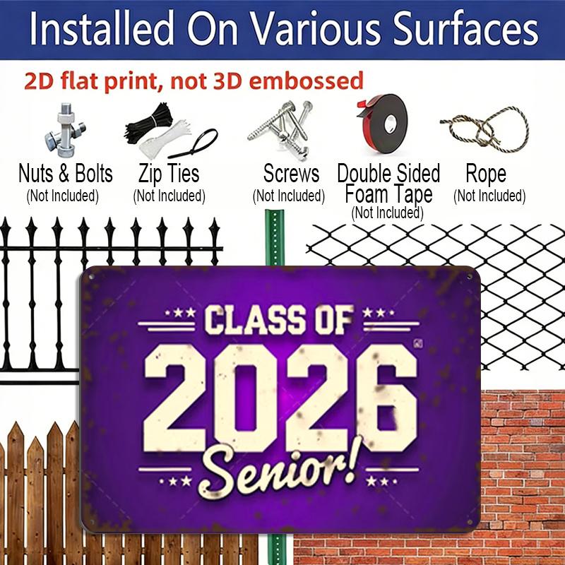 2D Flat, 1pc Class of 2026 Senior Aluminium Sign 8x12 Inch - Retro Purple Distressed Design, "CLASS OF 2026 Senior!" Quote, Graduation Gift for High