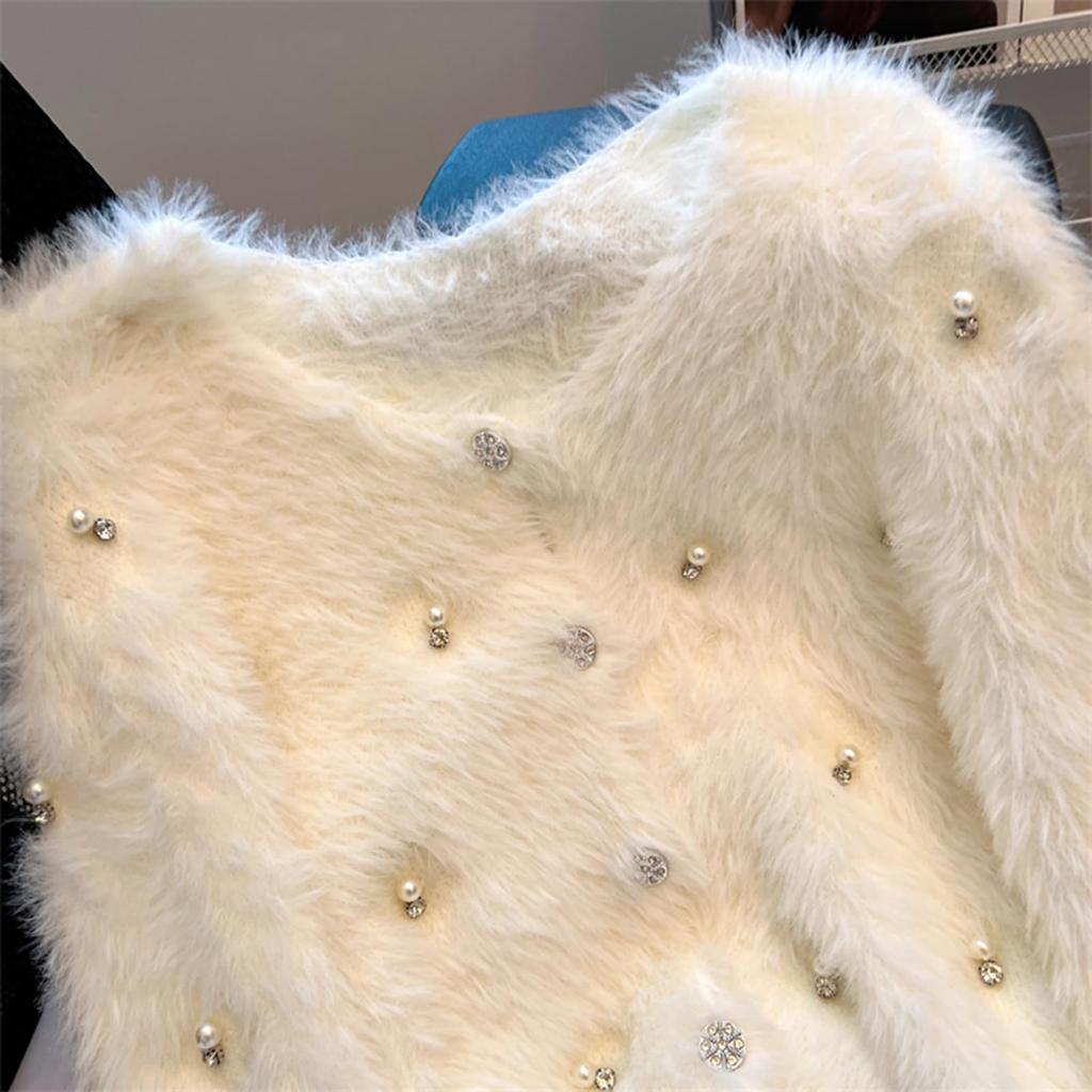 JIYUTOR Вязаный Кардиган с Мехом и Пушистым Длинноворсовым Мехом Свободного Покроя Идеально Подходит для Официальных Свадеб Женские Жемчуг, Пальто, Пуговицы с V-образным Вырезом, Посадка, (Свободный размер,
