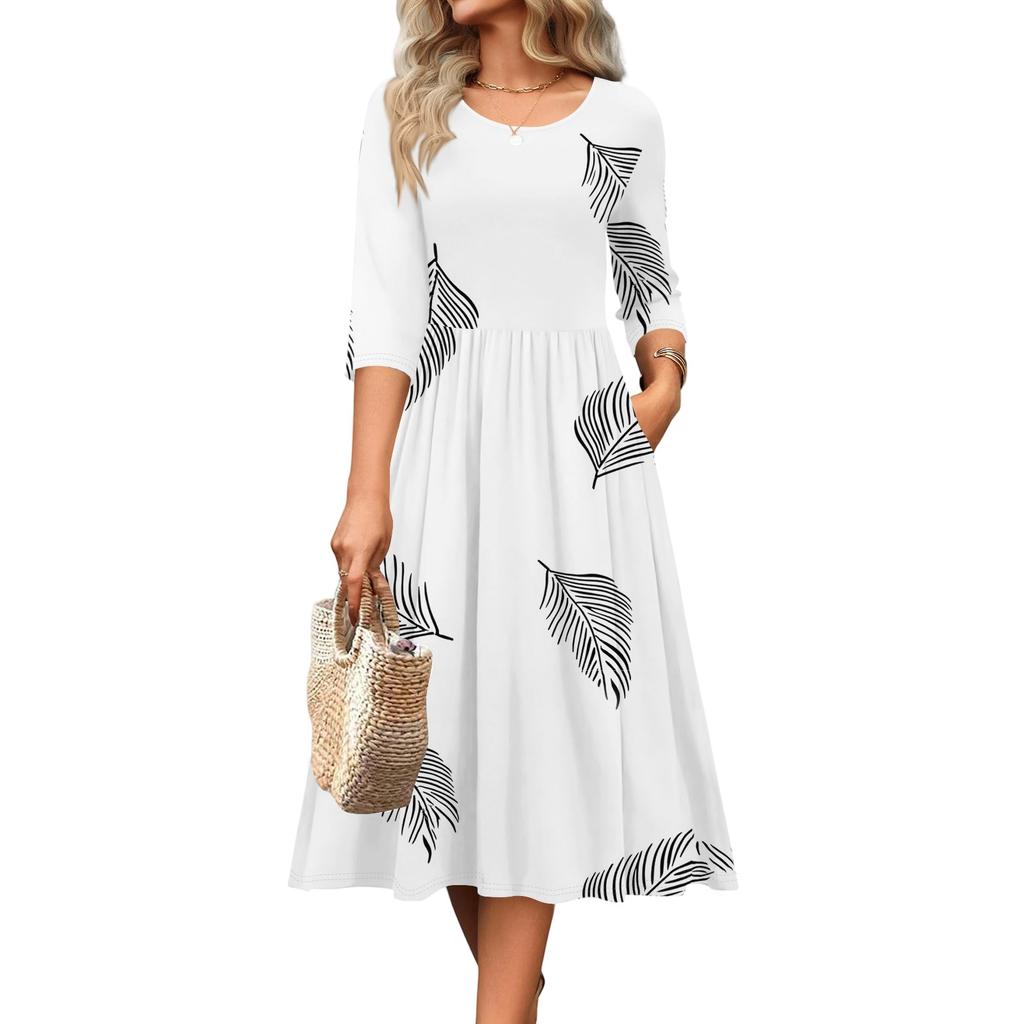 3/4 Sleeve Women's Dress Casual Flowy A-Line Midi Tshirt Dresses With Pockets Crewneck Vocation Boho Beach Sundress