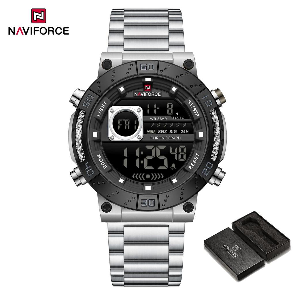 Naviforce ЖК-цифровые часы для мужчин с датой, хронографом, будильником, ремешком из нержавеющей стали, водонепроницаемые, ночной режим, многофункциональные мужские часы NF9241S