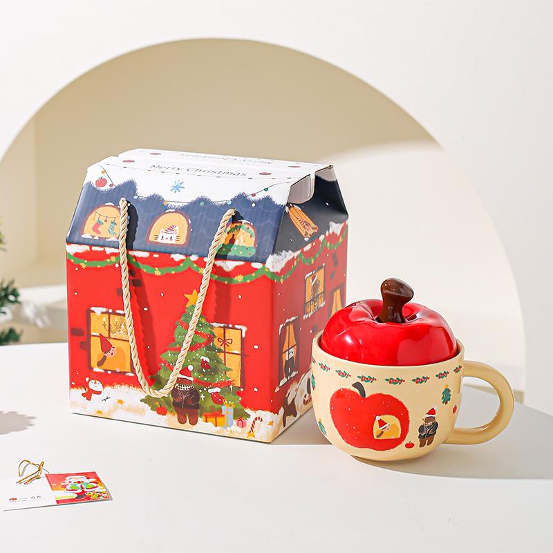 Креативная керамическая кружка-чашка Apple на Рождество с крышкой, рождественский подарок, высокая, красивая чашка для воды, подарочная коробка, сувенир