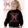 Long Sleeve Crewneck Sweatshirt for Girls Featuring a Christmas Candy Cane Design with a Red Bow And Holly Berries - A