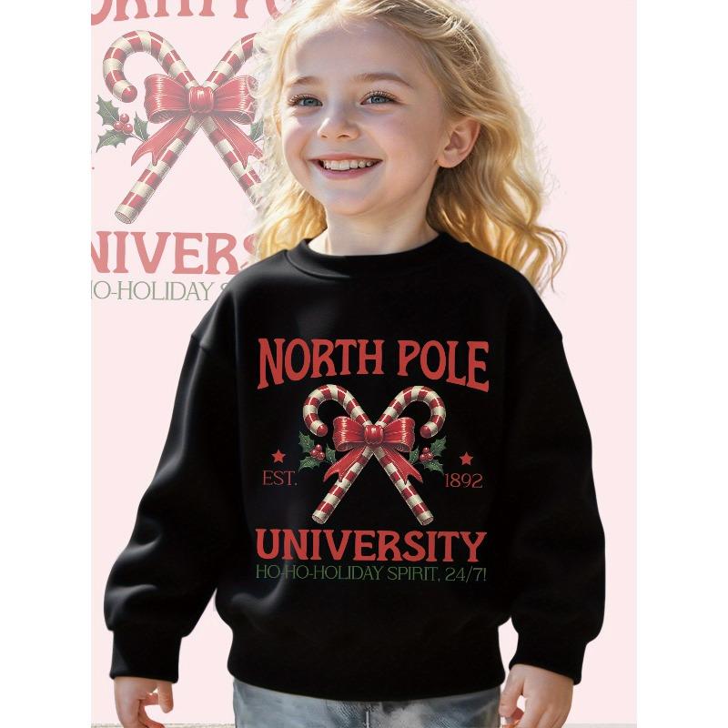 Long Sleeve Crewneck Sweatshirt for Girls Featuring a Christmas Candy Cane Design with a Red Bow And Holly Berries - A