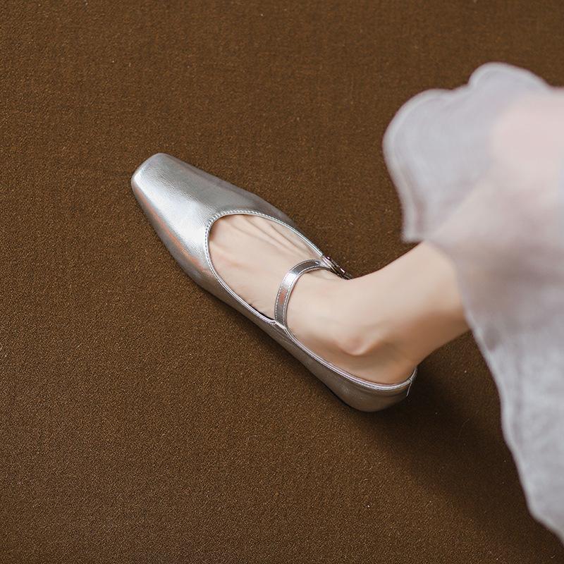 2025 Summer Mary Jane Women's Shoes Soft-soled Low-heeled Single Shoes Women's Ballet Silver Shoes Thick-heeled Silver