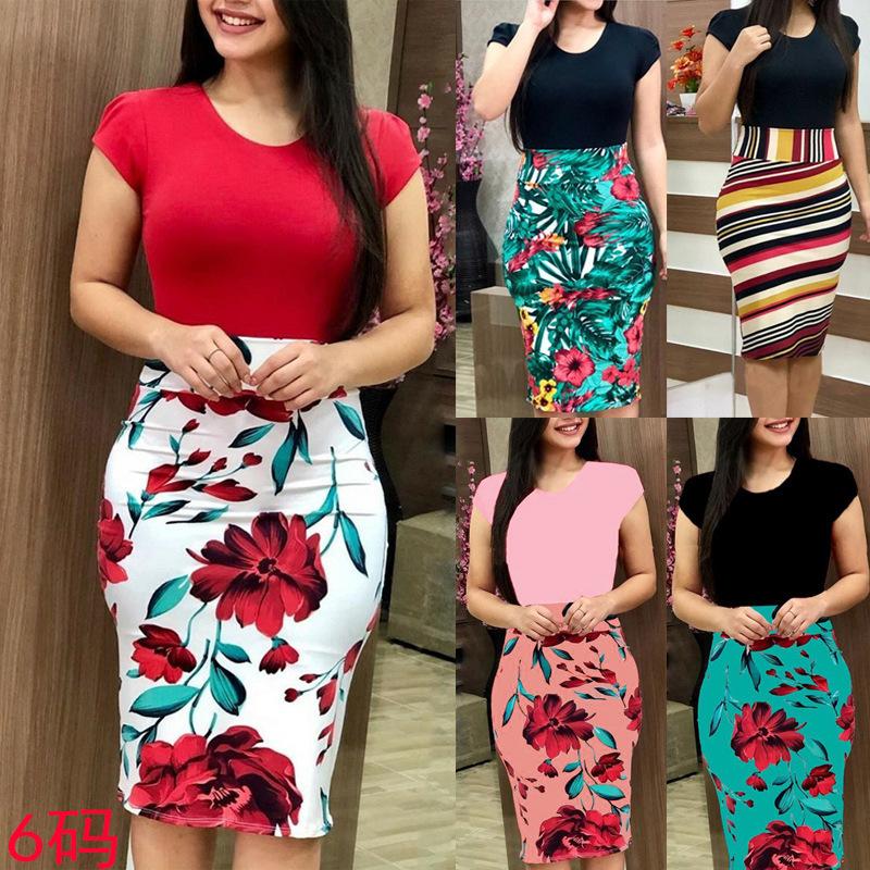Женское облегающее платье с коротким рукавом, color block, цветочным принтом, с круглым вырезом, платье-карандаш
