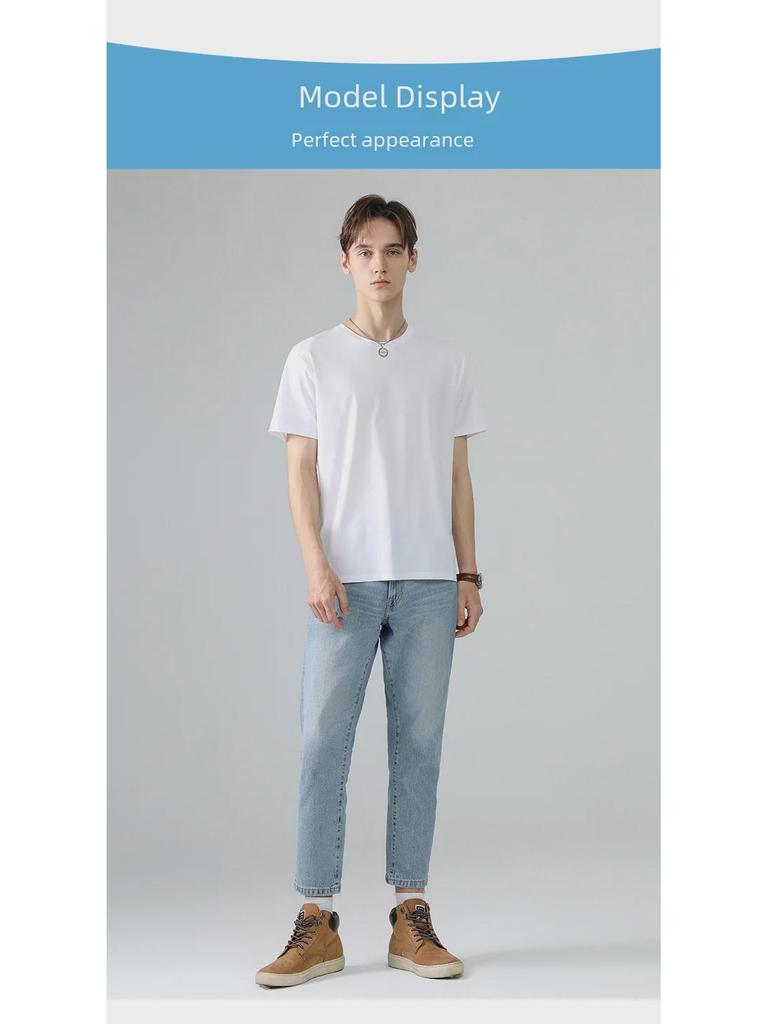 Мужская облегающая белая футболка Supima Cotton с короткими рукавами, круглым вырезом, легкая летняя модель