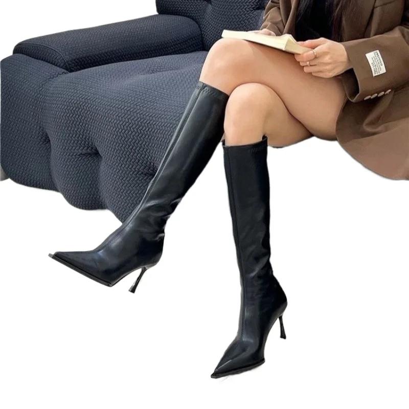 Ladies Shoes  Hot Sale Zipper Knee-High Women's Boots Autumn Pointed Toe Solid High Heels Elegant Fashion Versatile Boots