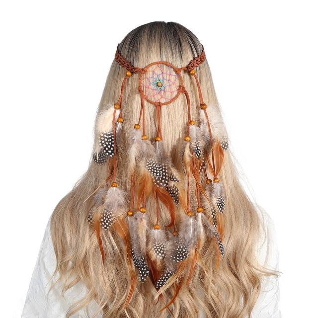 Haimeikang Bohemian Hippie Headband Dream Catcher Feather Headdress Fashion Peacock Feather Headbands Hair Accessories