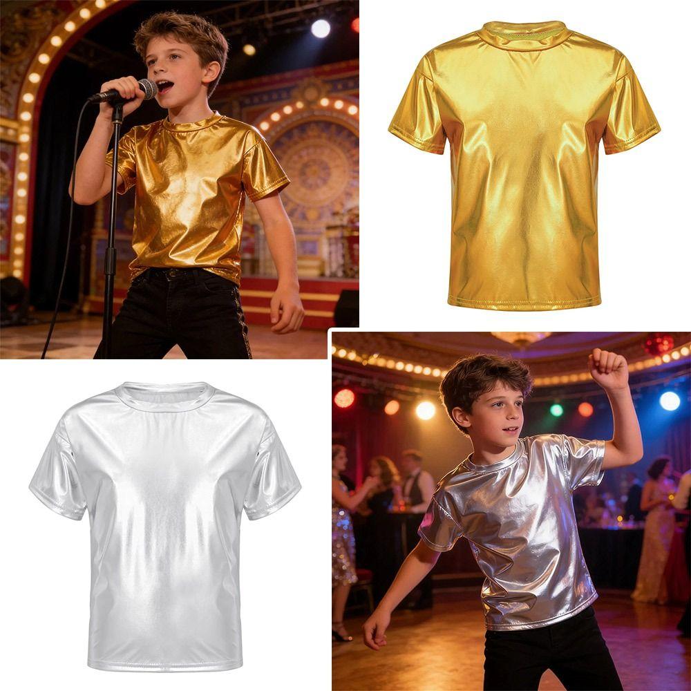 Disco Metallic Top Hip Hop Performance Dancewear Fashion Dance Top Kids Boys Girls