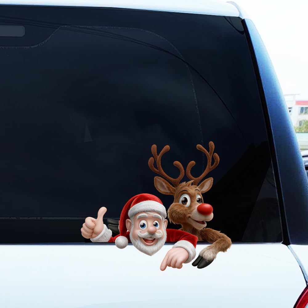 Merry Christmas Winter Decals,Santa Claus Reindeer Elf Car Window Stickers,Christmas Xmas Holiday Art Clings Decorations Accessories (Cartoon)