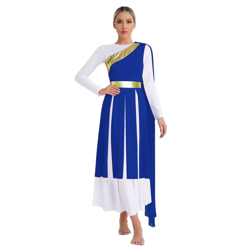 S-XXL Lyrical Worship Dance Dress One Shoulder Sleeveless Metallic Shiny Patchwork Slit Hem Tunic with Drape for Stage