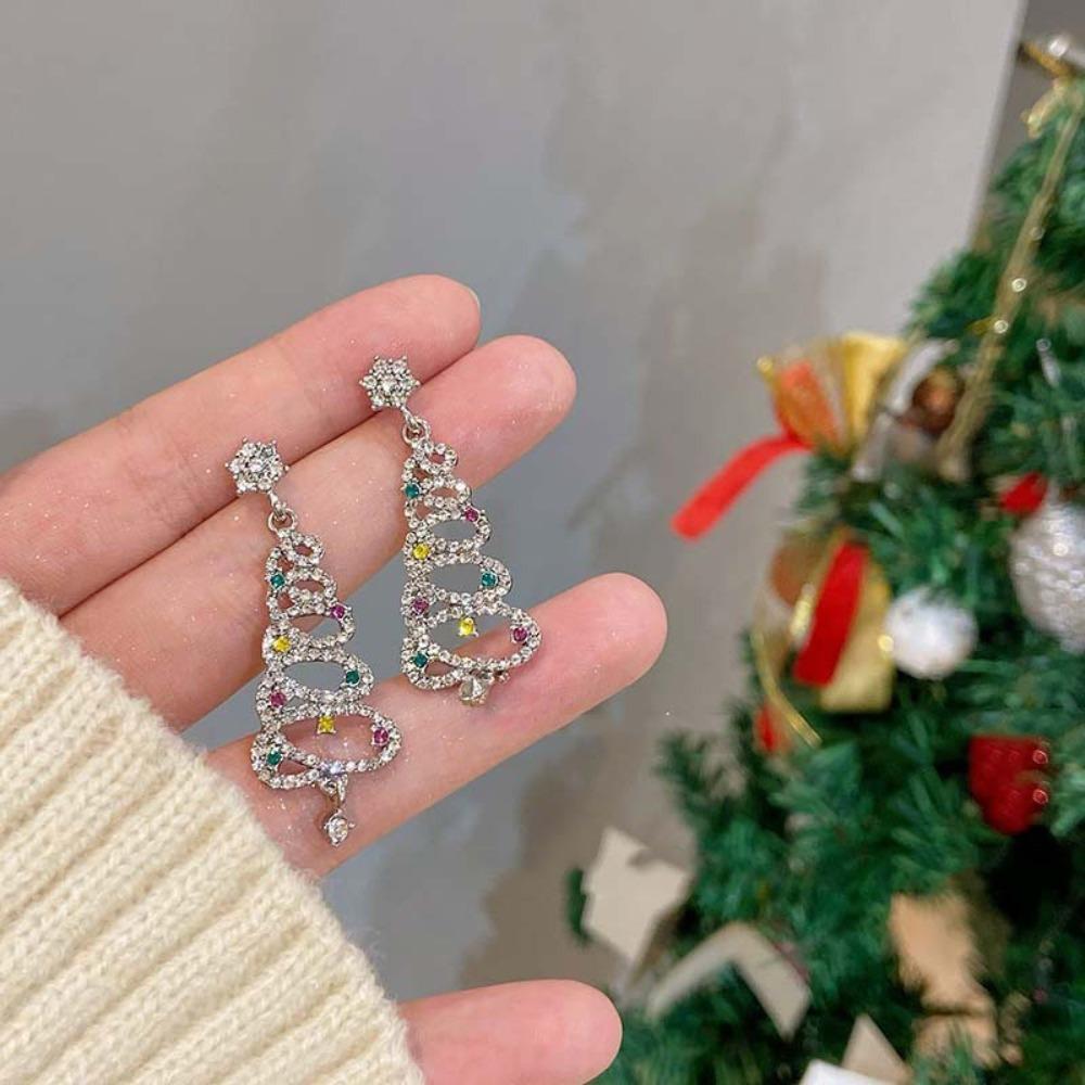 Zinc Zinc Alloy Christmas Tree Stud Earring Rhinestones Xmas Tree Ear Drop Christmas Tree Earring  Party