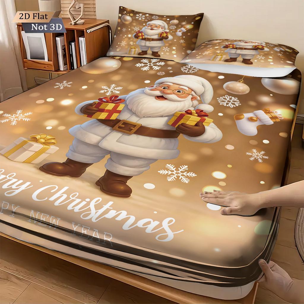 3pcs Merry Christmas Golden Santa Claus Print Bed Sheet Set Multi Size Soft Bedcover Bedroom Bedding Decoration Machine Washable