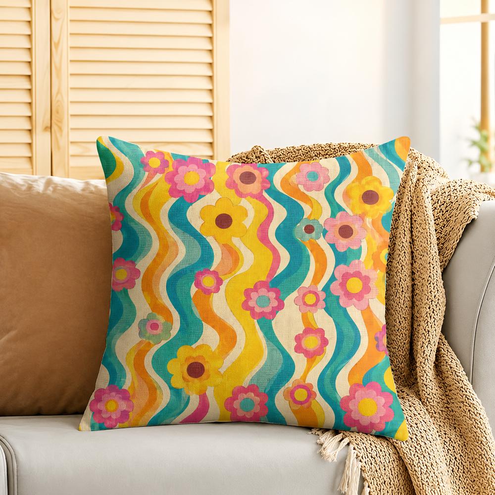 Groovy Retro Flowers Cushion Cover Silky Short Plush Invisible Zipper Dustproof Sofa Pillow Case For Home Decor