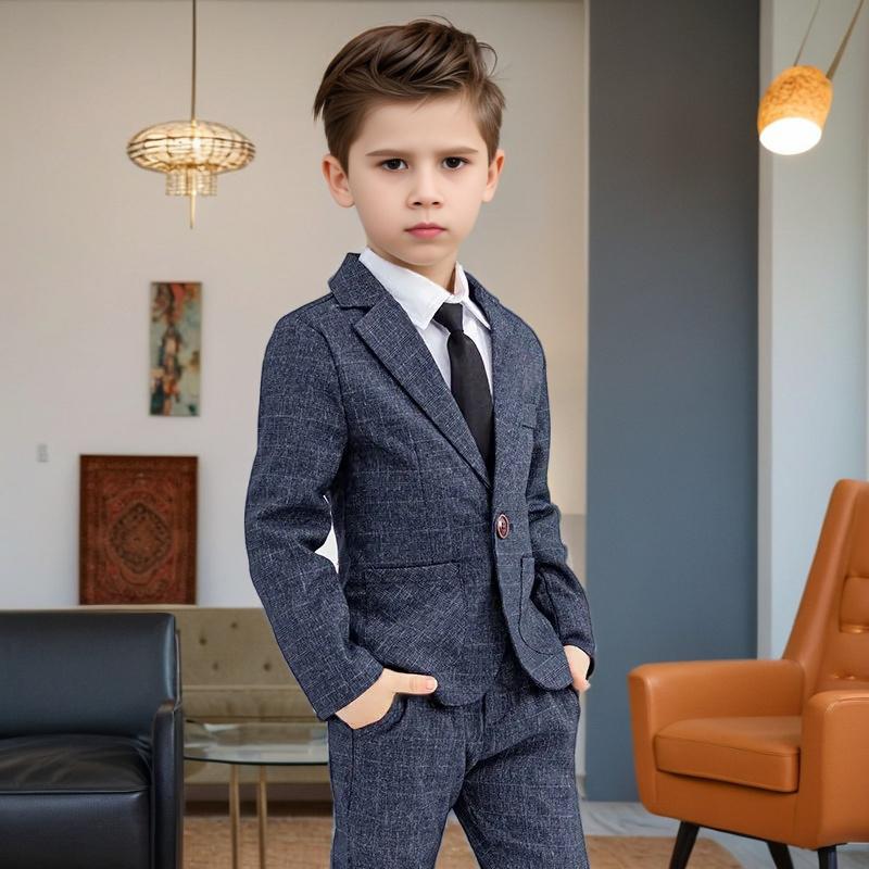 Boys Casual Plaid 3pcs Suit Set Chid Piano Host Performance Birthday Party Costume Kids Blazer +Pants + Tie Outfit